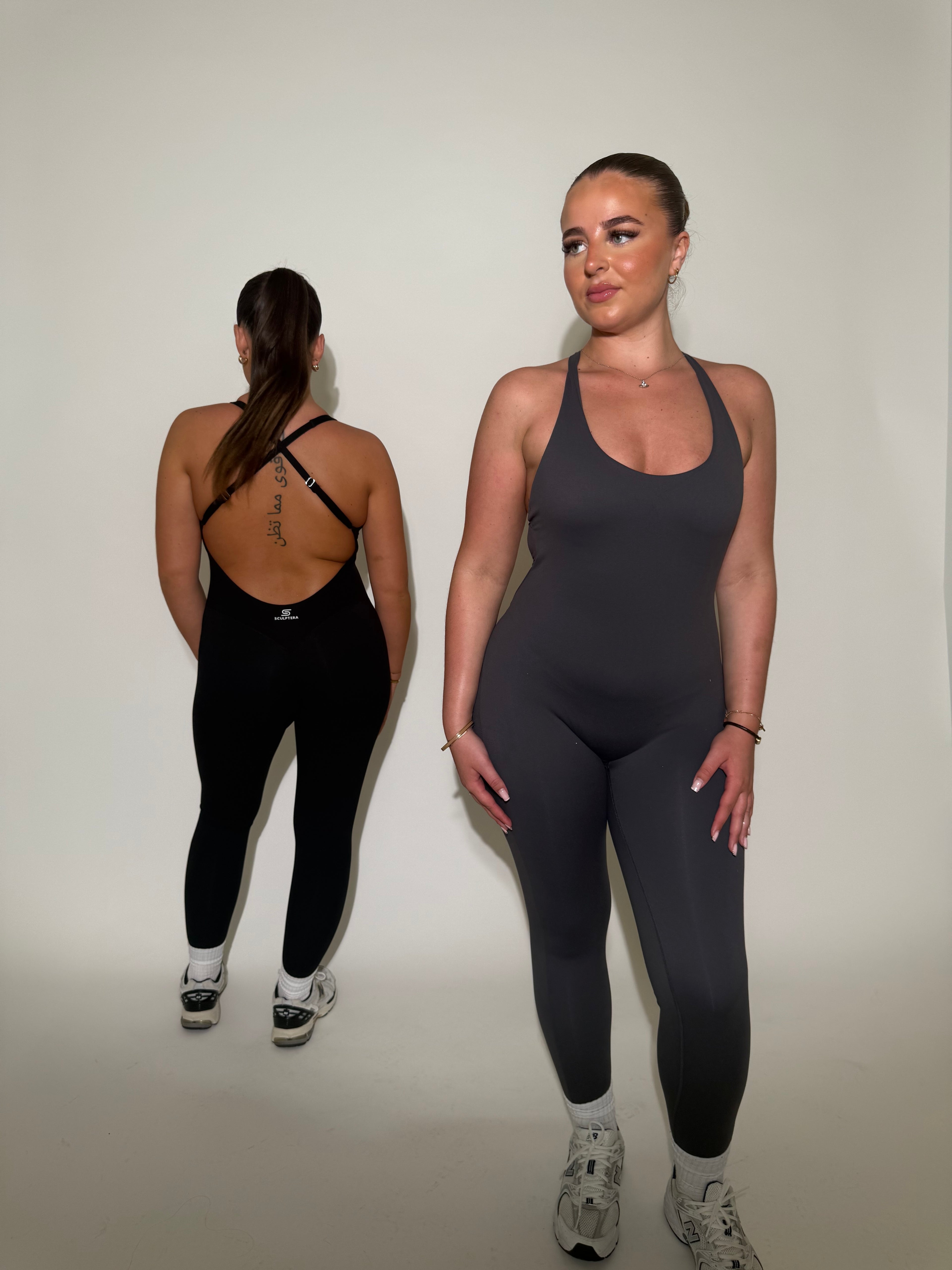 POWERSCULPT open back cross strap JUMPSUIT DARK GREY