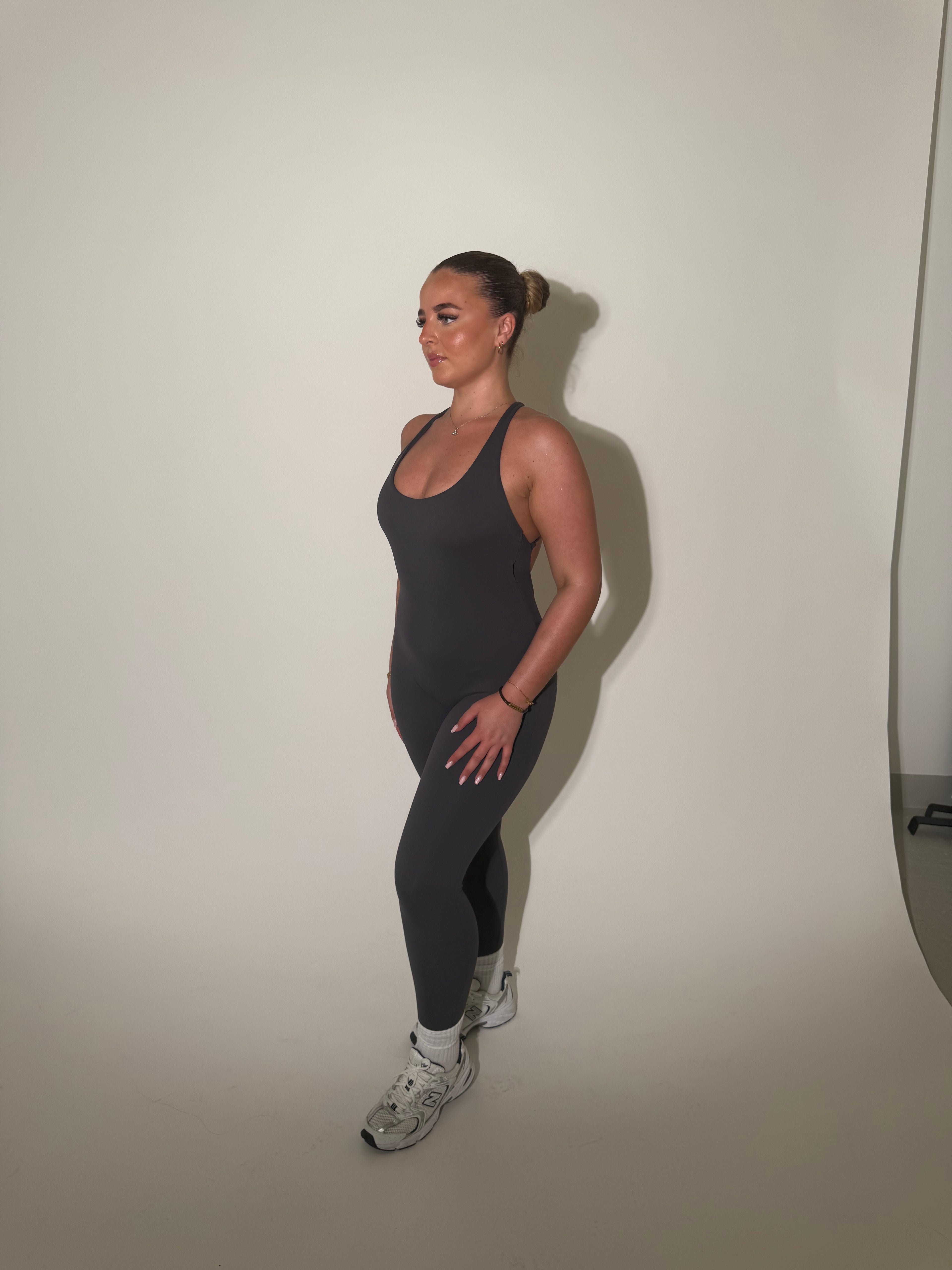 POWERSCULPT open back cross strap JUMPSUIT DARK GREY