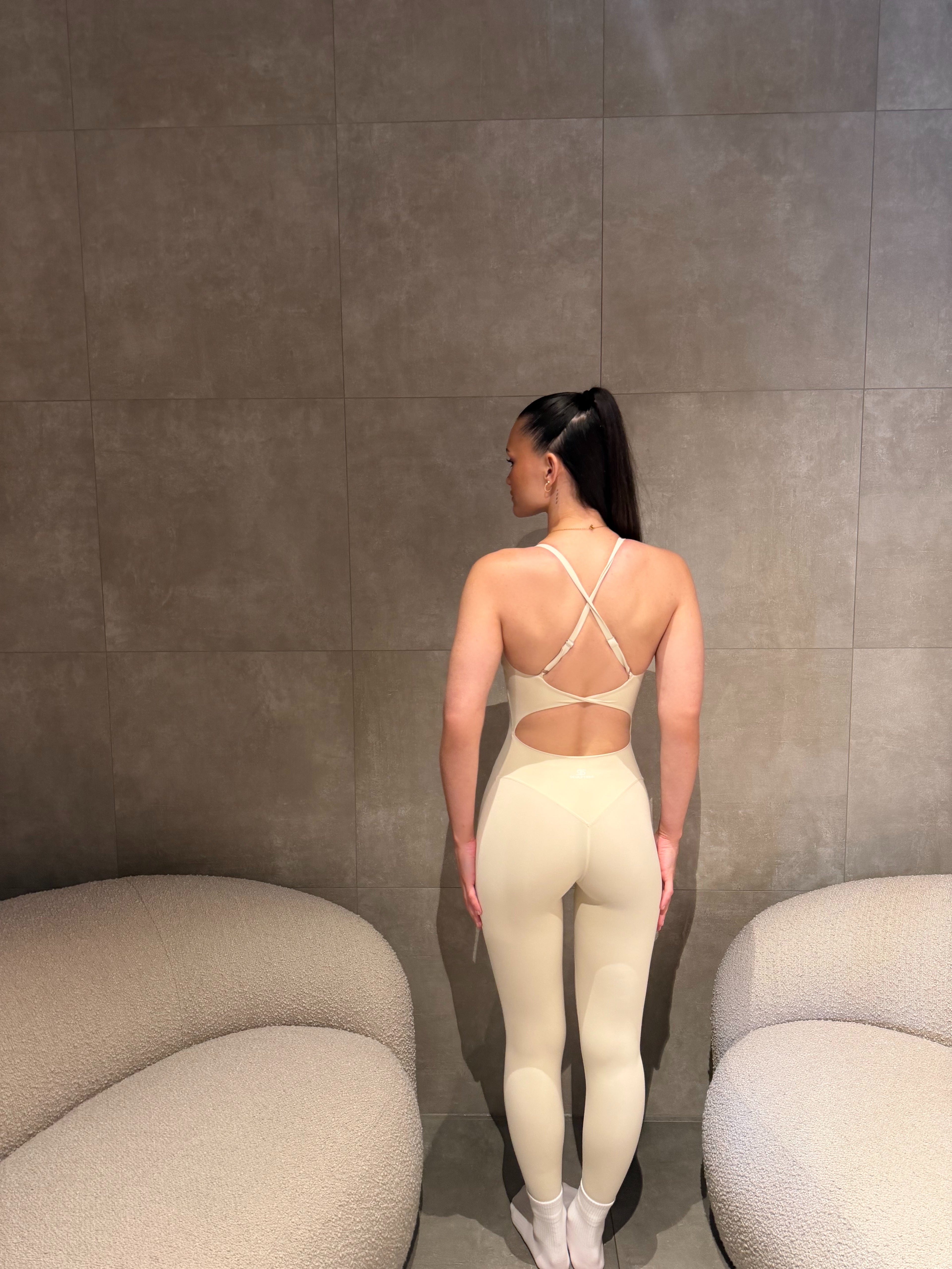 CONTOURSCULPT open back twist detail cross back JUMPSUIT BEIGE