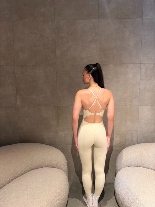 CONTOURSCULPT open back twist detail cross back JUMPSUIT BEIGE
